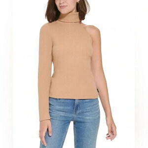 Calvin Klein Jeans Women's One Shoulder Camel Brown Turtleneck Top XL Size NWT